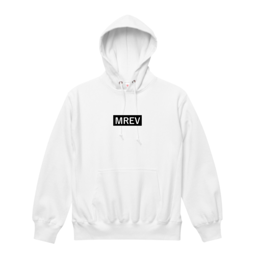 「MREV」ボックスロゴデザインのオリジナルパーカー